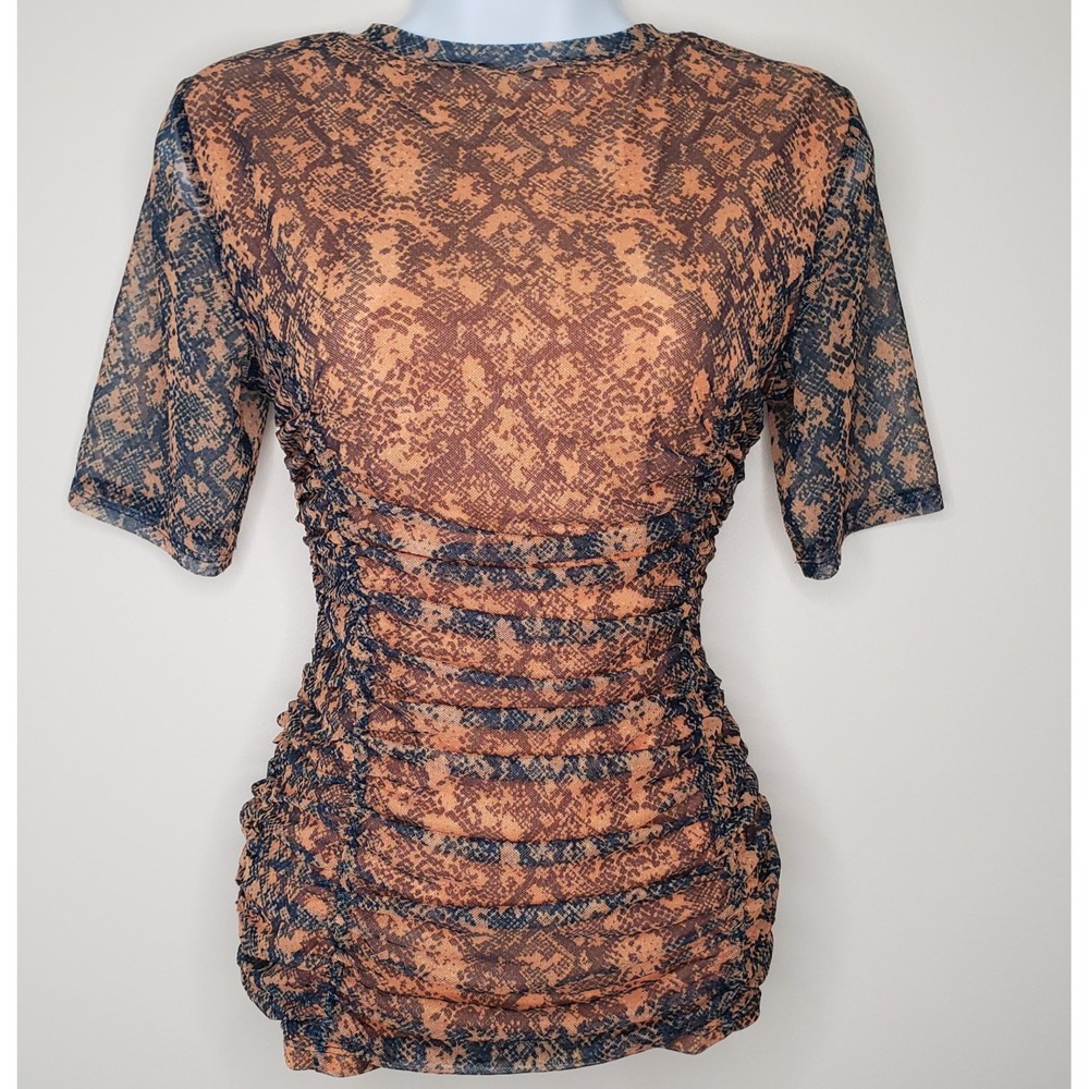 BCBG Max Azria Snakeskin Print Mesh Top Sz S Ruched Sheer Fairy Grunge Indie